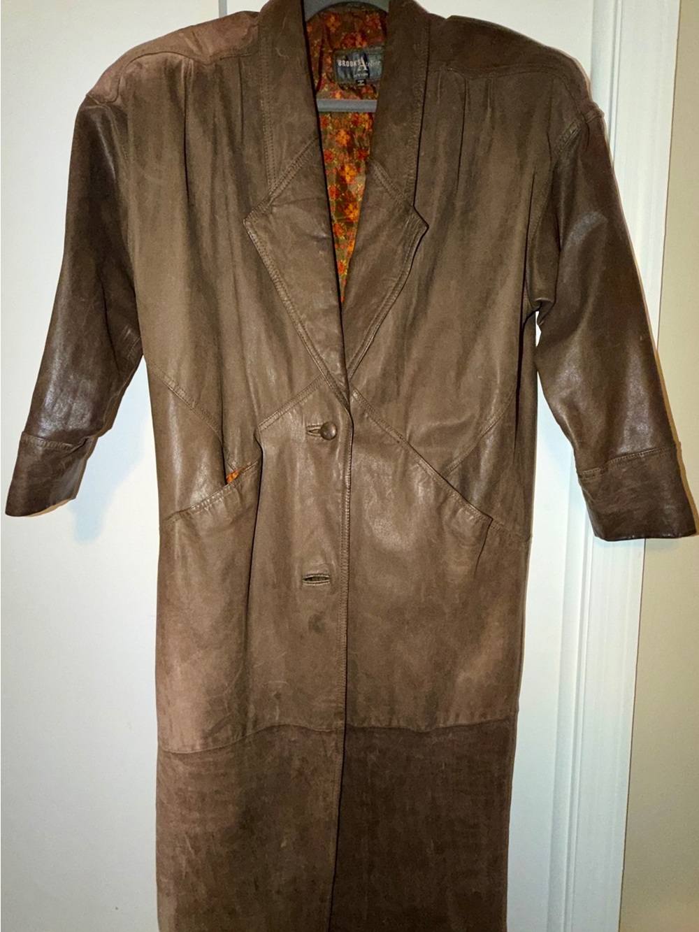 VTG Brooks Atelier Brown Leather Trench Coat 80s 90s Oversized Duster